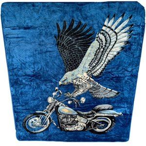 Thick Reversible Blanket ~ Eagle & Motorcycle ~Blue ~90”X78”~Soft~by Megalon MEX